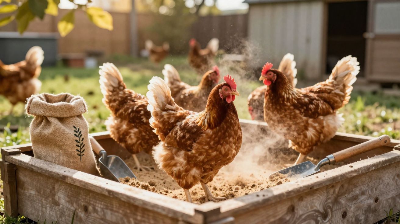 Galinha marrons ciscando em caixa de areia na fazenda ao ar livre ao amanhecer.