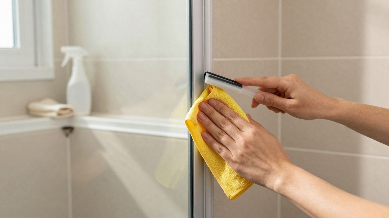 Mãos limpando vidraça de box de banheiro com pano amarelo e rodo preto.