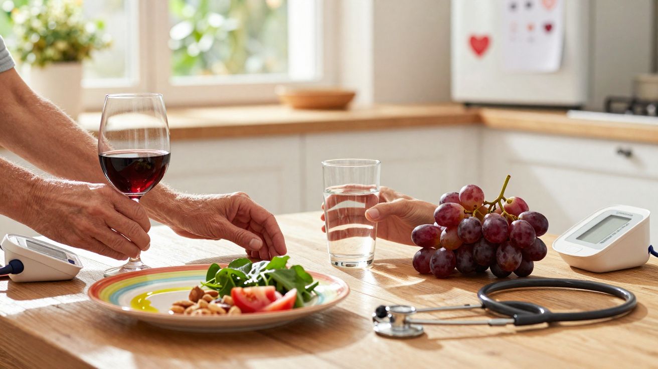 Mesa com alimentos saudáveis, taça de vinho, copo d'água, uvas, estetoscópio e aparelho de pressão.