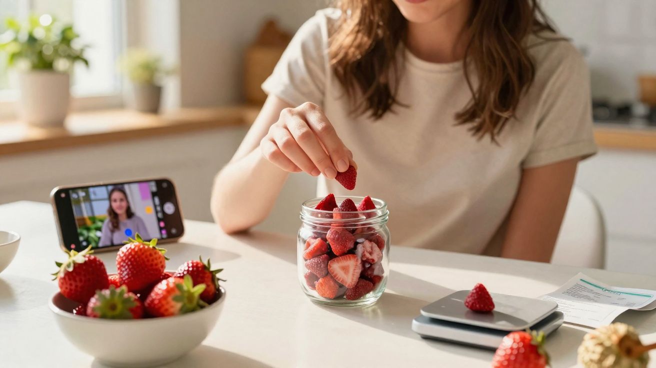 Mulher colocando morangos em pote de vidro na mesa com celular filmando ao fundo.