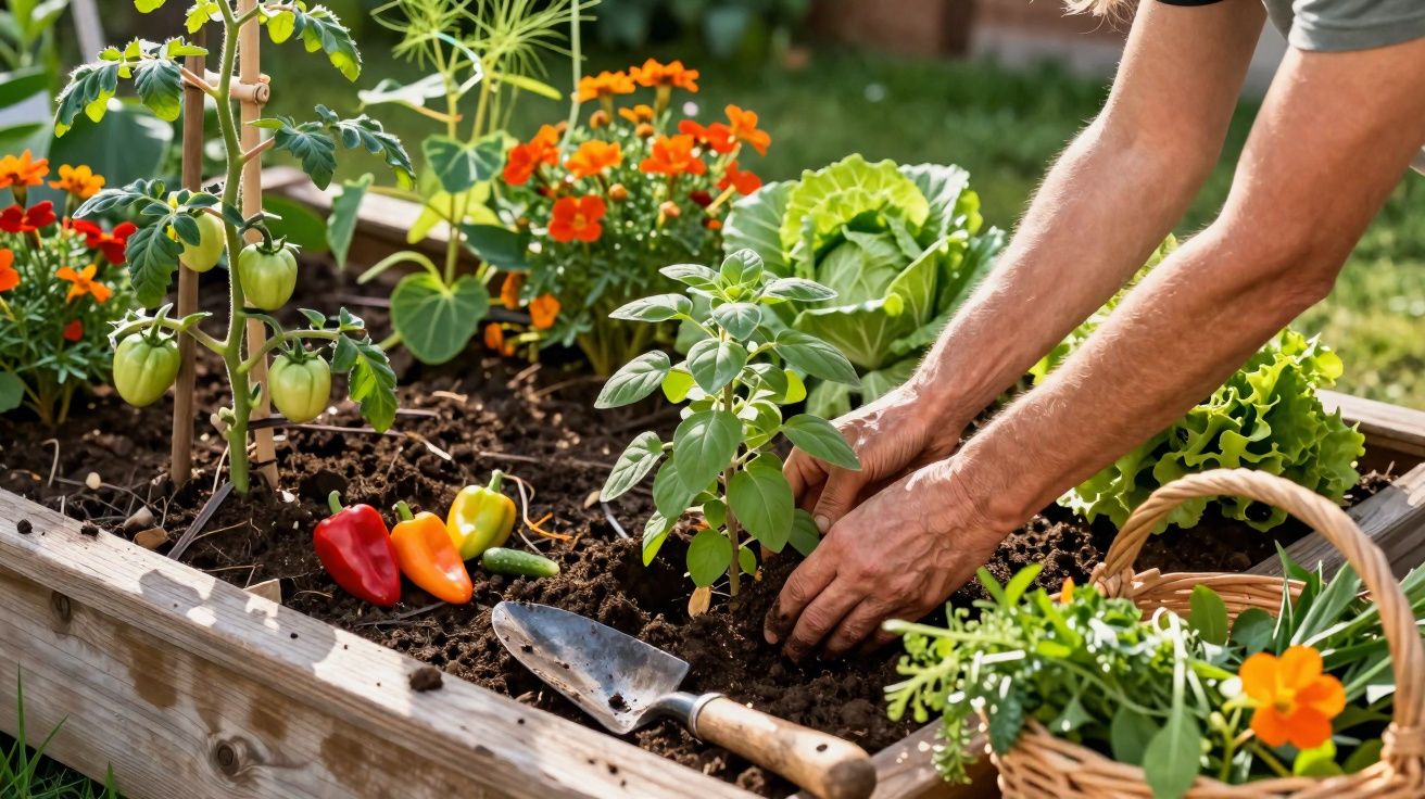 Pessoa plantando ervas em canteiro elevado com flores e pimentões coloridos ao redor.