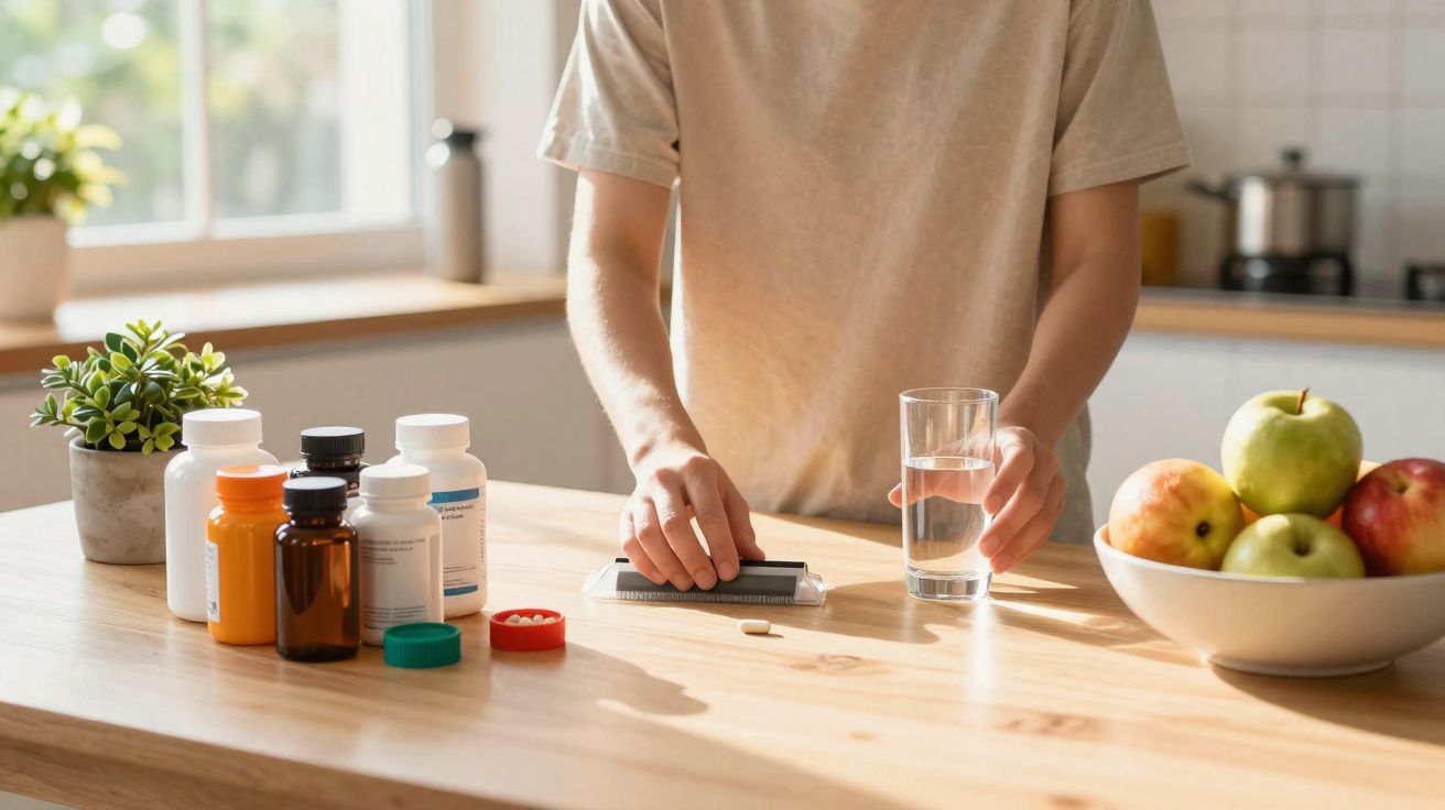Pessoa em pé com copo de água e comprimidos na mão ao lado de frascos de remédios e uma tigela de frutas na cozinha.