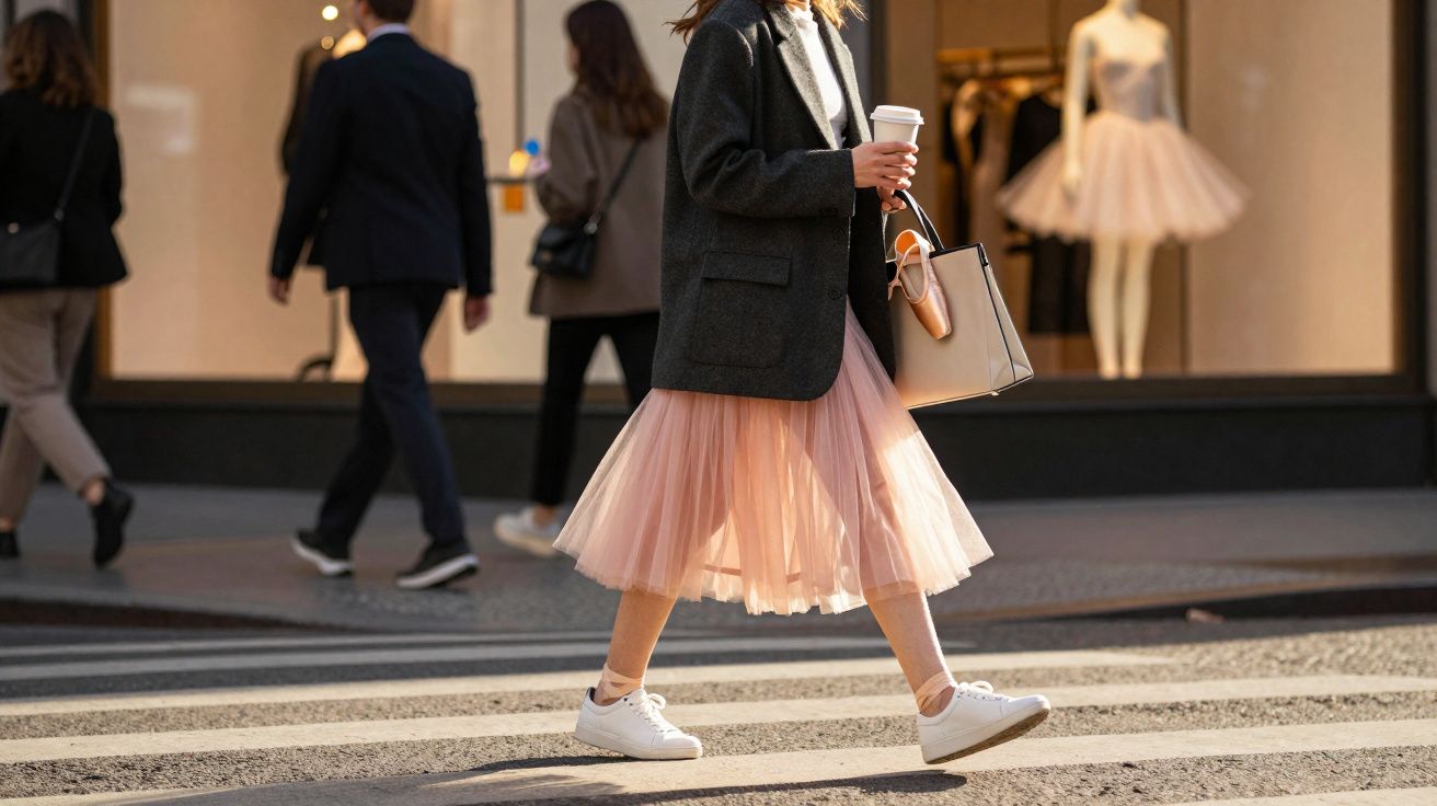 Mulher com saia de tule rosa, tênis branco e casaco escuro atravessando rua com sacola e copo de café.