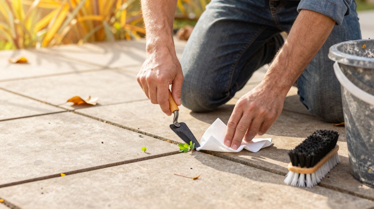 Pessoa usando espátula para remover planta entre azulejos de piso cinza com escova e balde ao lado.