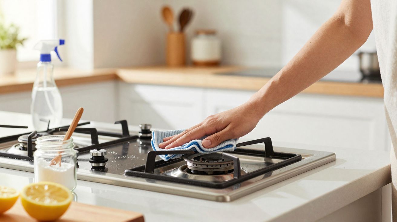 Pessoa limpando fogão a gás com pano azul em cozinha clara e organizada.