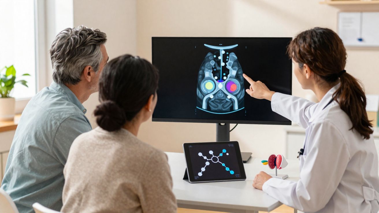 Médica explicando exame de imagem de próstata para casal em consultório com tablet e modelo anatômico.