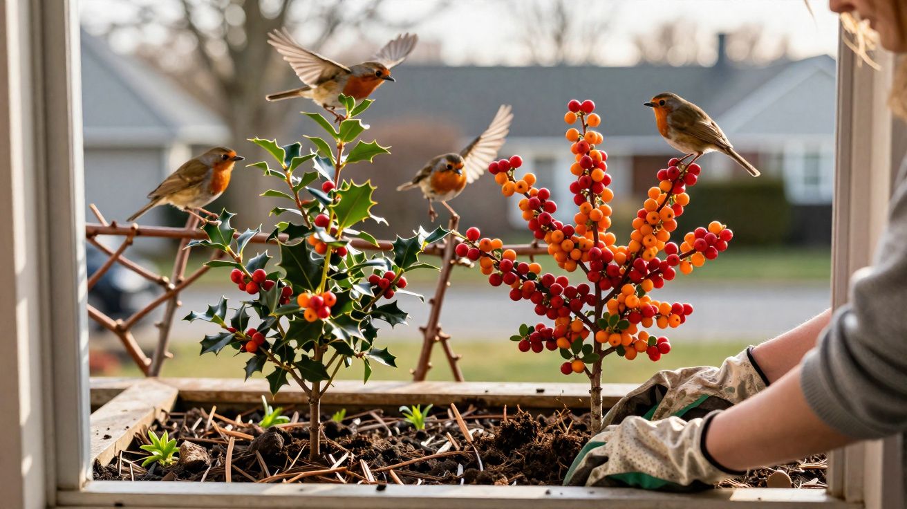 Pássaros alimentando-se de frutos vermelhos e alaranjados em jardineira enquanto pessoa com luvas cuida das plantas.