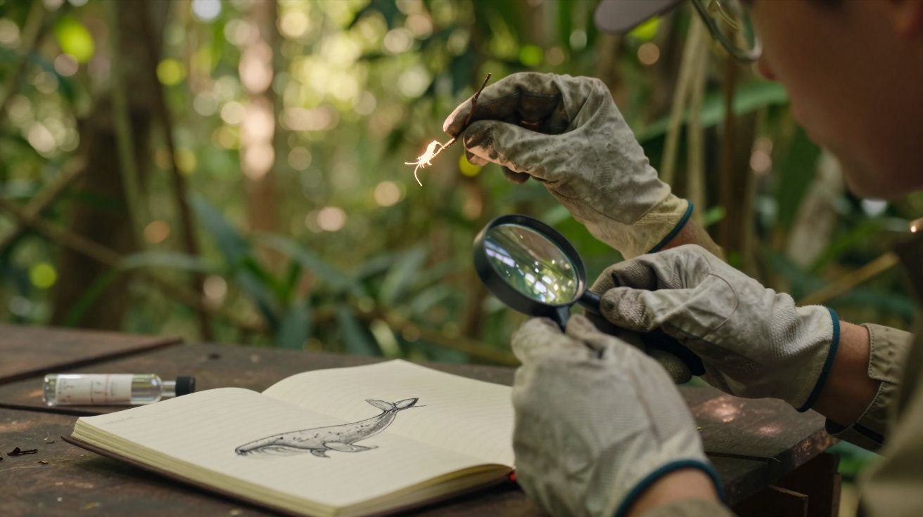 Pessoa com luvas examinando um inseto com lupa e desenhando uma baleia em um caderno ao ar livre.
