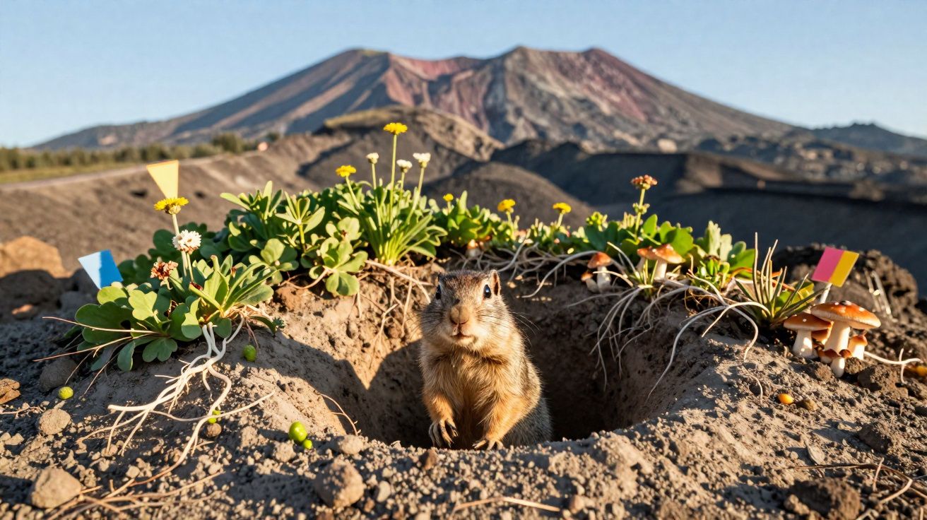 Esquilo curioso saindo da toca cercada por plantas e flores em terreno árido com montanha ao fundo.
