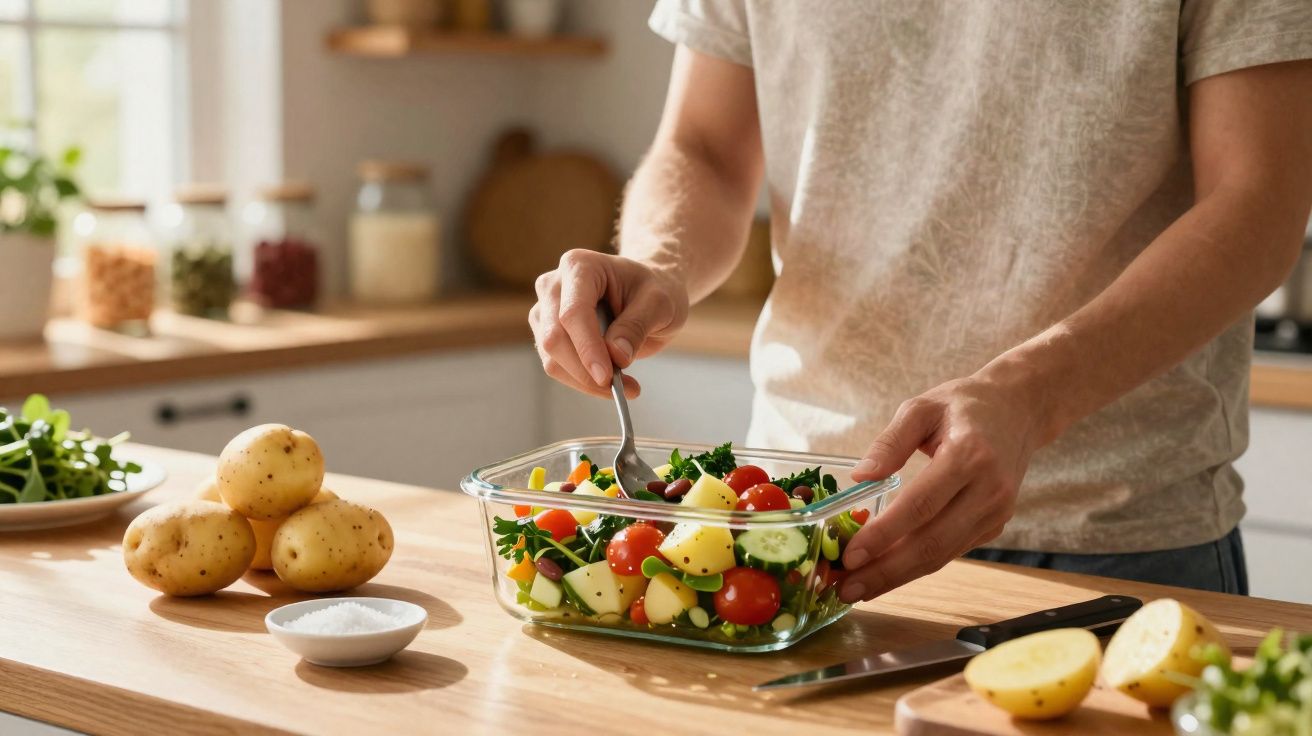 Pessoa preparando uma salada fresca com tomates, pepino, batata e ervas em uma cozinha iluminada.