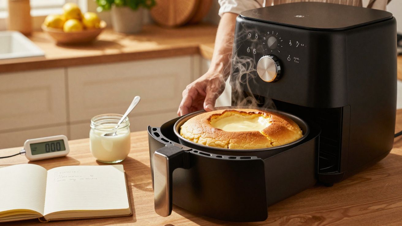 Bolo saindo quente e fumegante de uma air fryer preta em bancada de cozinha.