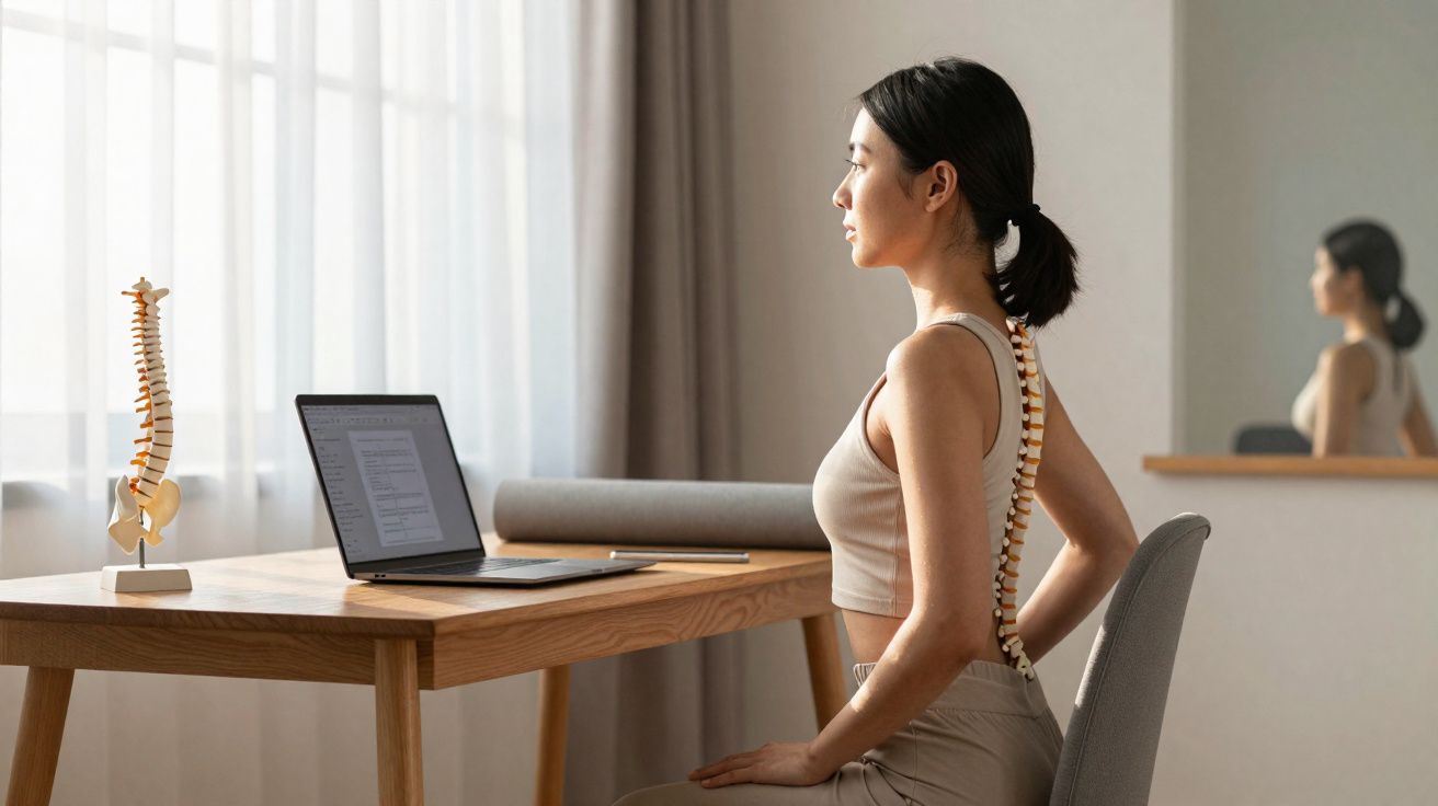 Mulher jovem corrige postura sentada à mesa com modelo de coluna vertebral e laptop à frente.