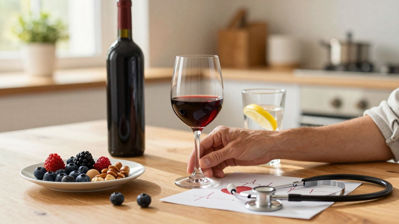 Mão segurando taça de vinho tinto ao lado de frutas, água com limão e estetoscópio sobre mesa em cozinha.