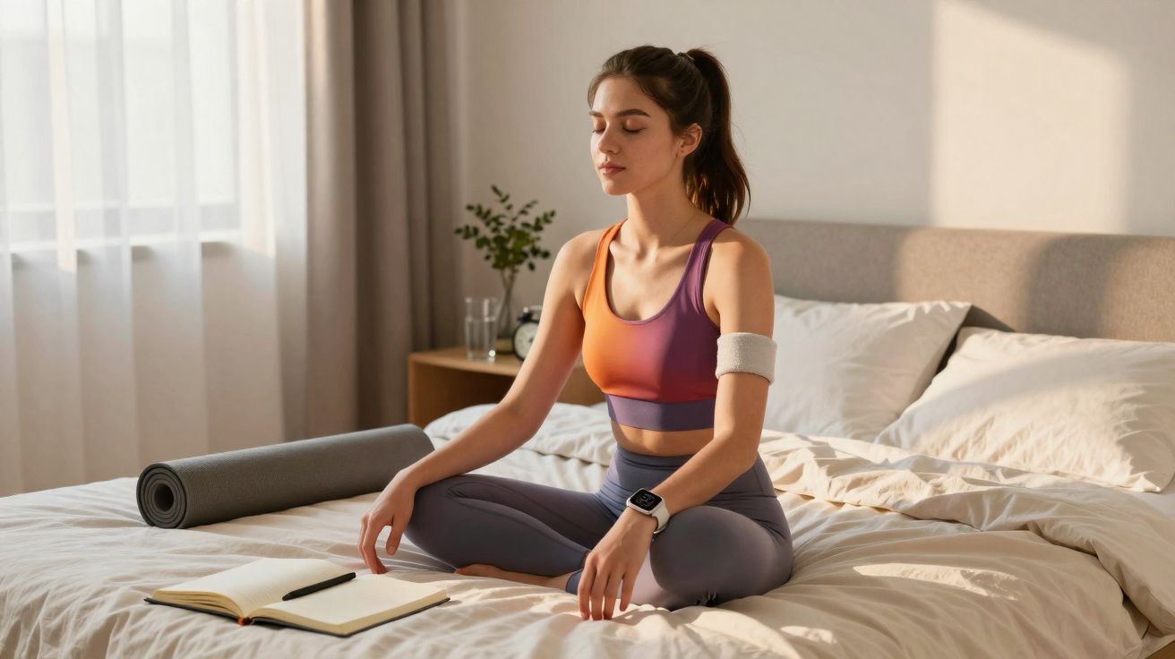 Mulher jovem meditando sentada de pernas cruzadas na cama, com livro e tapete de ioga ao lado.