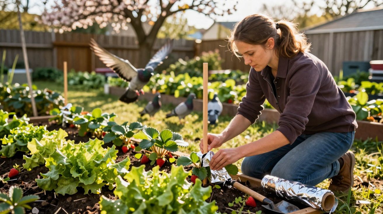 Mulher cuidando de plantas em canteiro com pássaros voando ao fundo em jardim ensolarado.