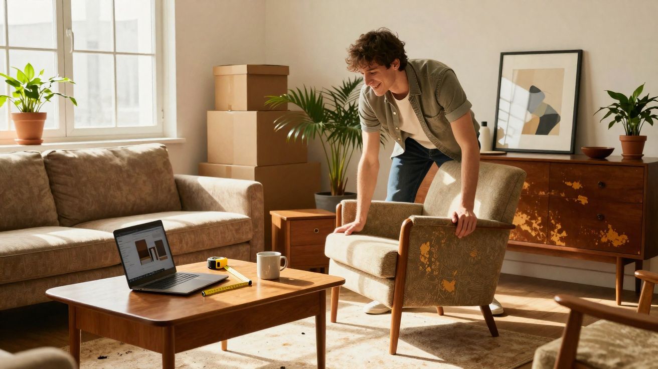 Homem arrumando poltrona em sala com móveis de madeira, plantas e caixas de mudança ao fundo.