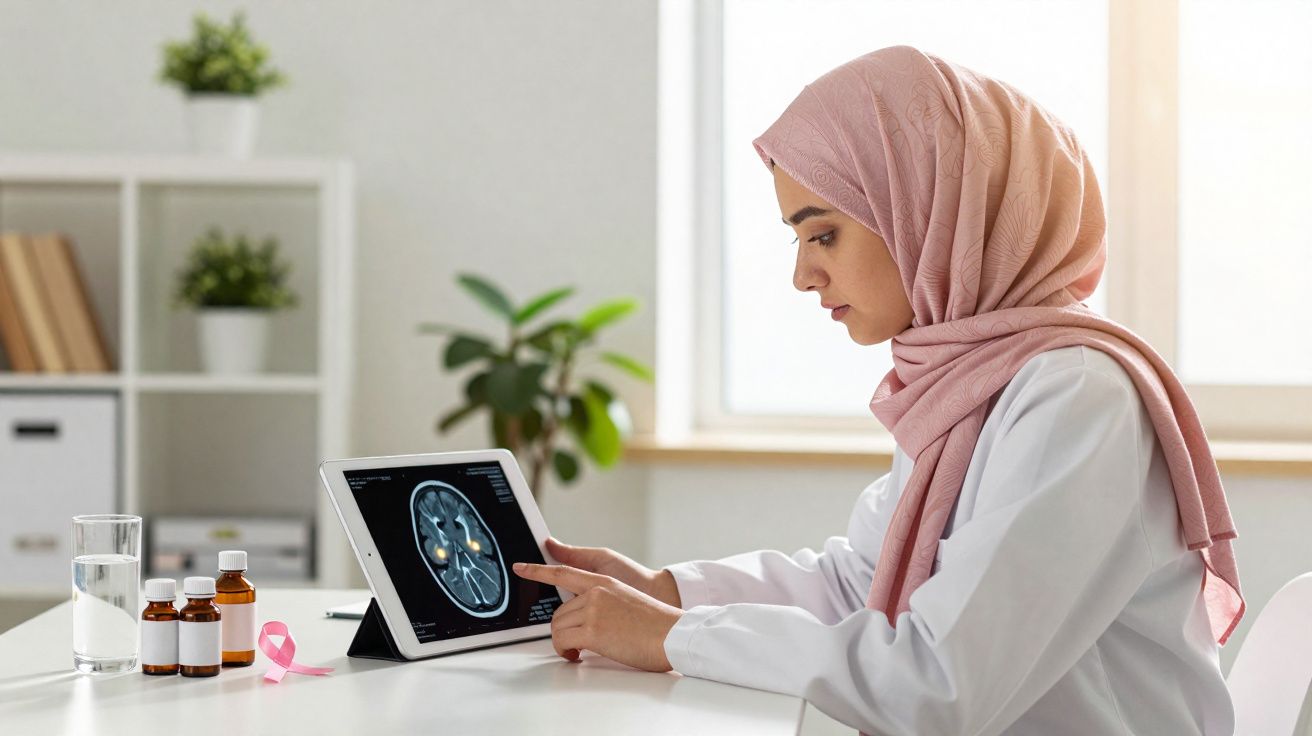 Mulher médica com hijab analisa exame cerebral em tablet, com frascos e fita rosa sobre mesa em consultório.