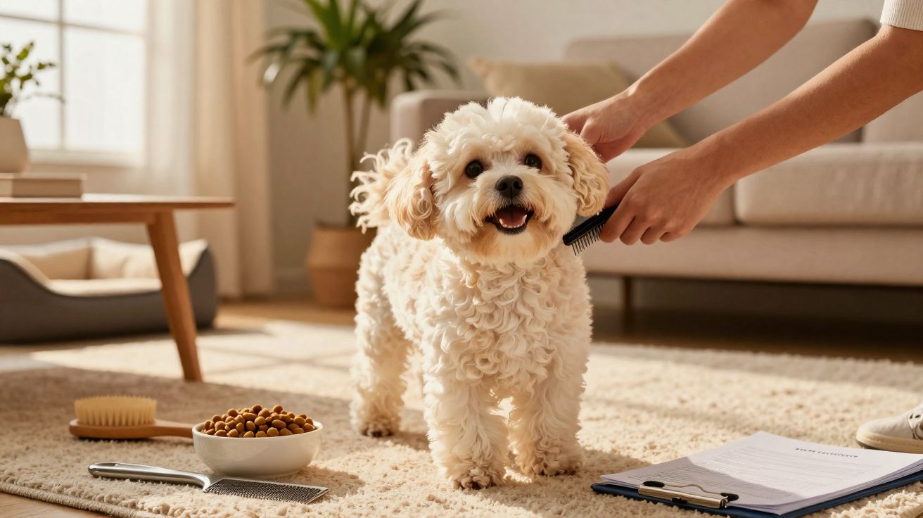 Cachorro branco e peludo sendo escovado dentro de sala iluminada e aconchegante.