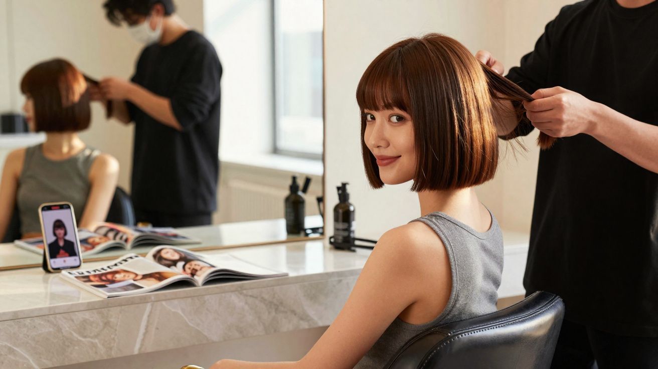 Mulher com cabelo curto sendo atendida por cabeleireiro em salão moderno e iluminado.