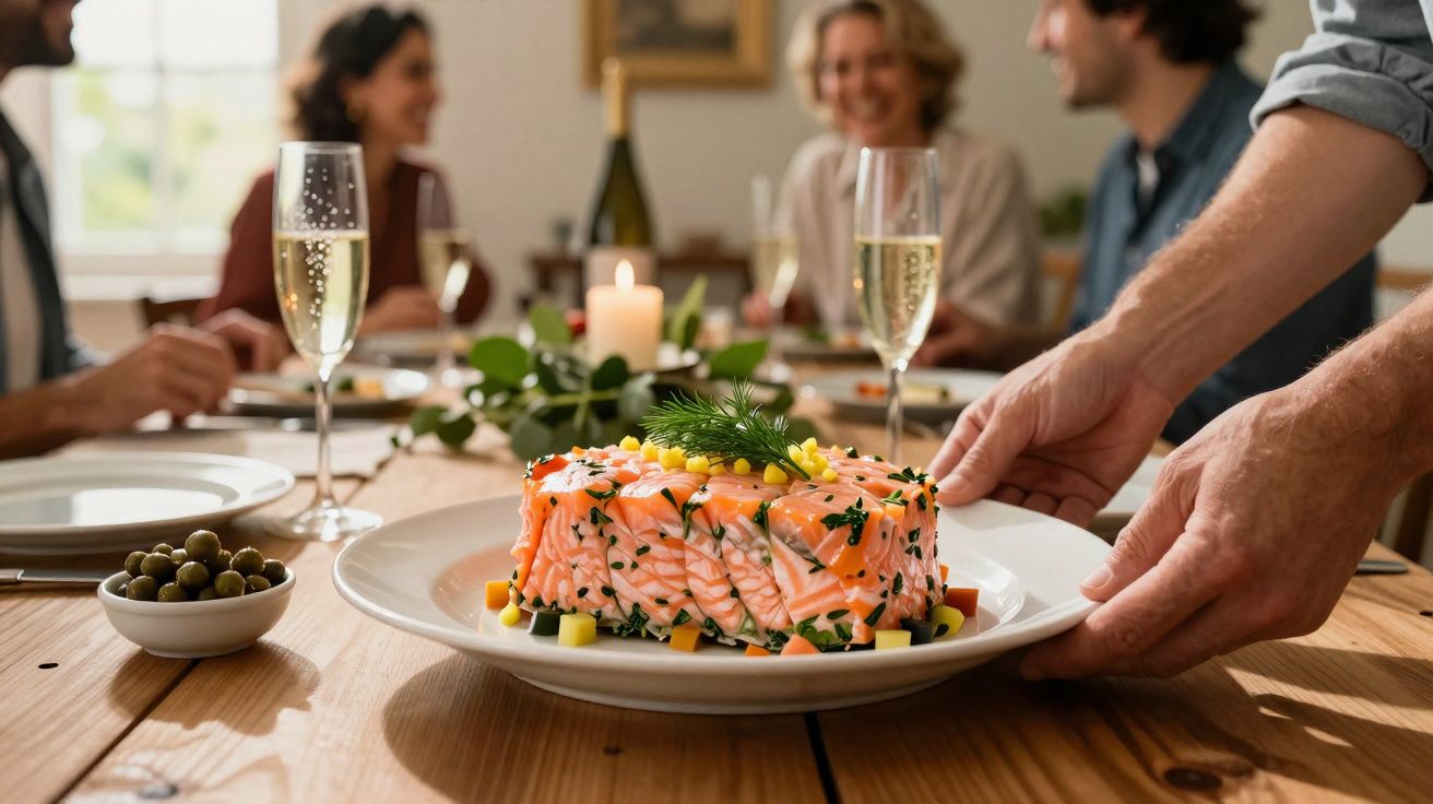 Prato de salmão decorado servido em mesa com taças de espumante e pessoas ao fundo sorrindo.