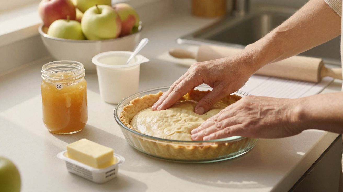 Mãos cobrindo torta com massa, mesa com maçãs, manteiga, doce e iogurte em recipiente plástico.