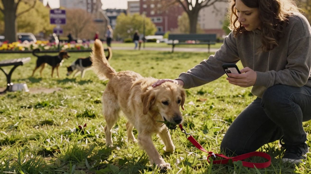 Mulher agachada acaricia cachorro dourado com coleira vermelha em parque ensolarado e gramado verde.