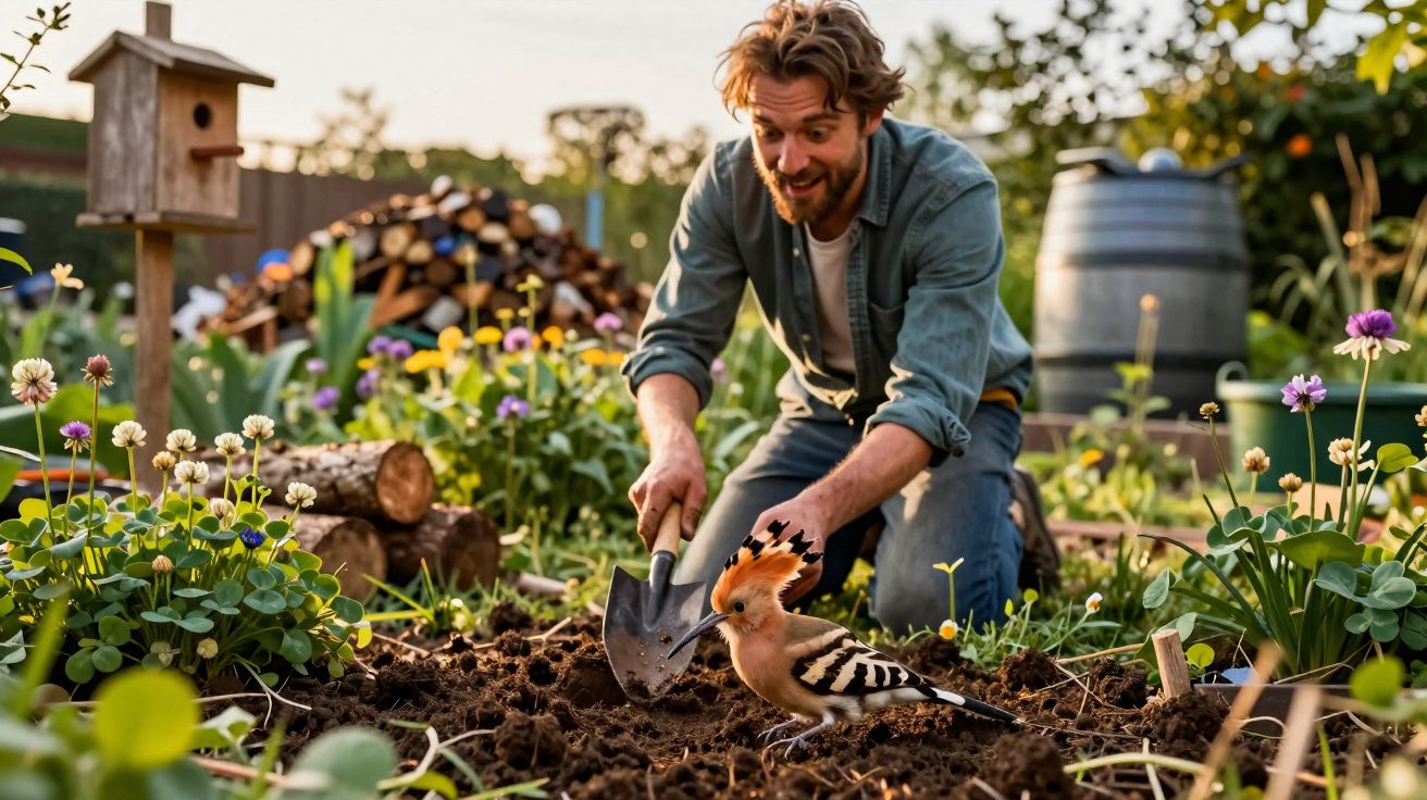 Homem sorrindo e cavando terra no jardim enquanto observa um pássaro colorido próximo a ele.