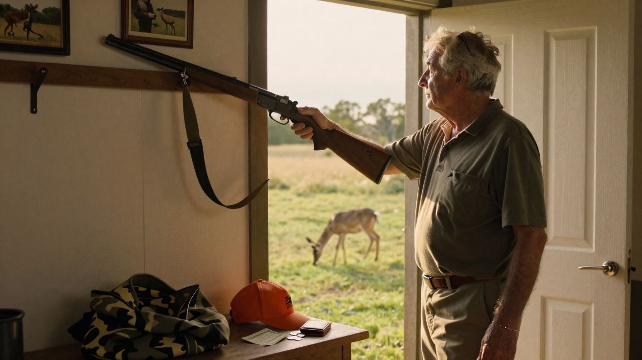 Homem idoso em porta segura espingarda mirando caça em campo aberto ao amanhecer.