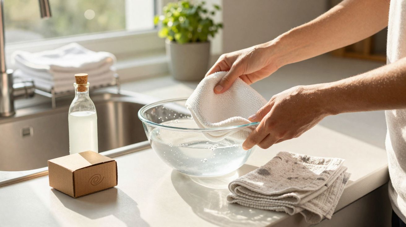 Pessoa lavando pano branco em tigela com água sobre bancada de cozinha iluminada.
