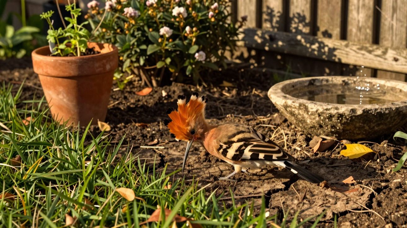 Pássaro colorido com topete laranja no chão de jardim perto de vaso e pequena fonte d'água.