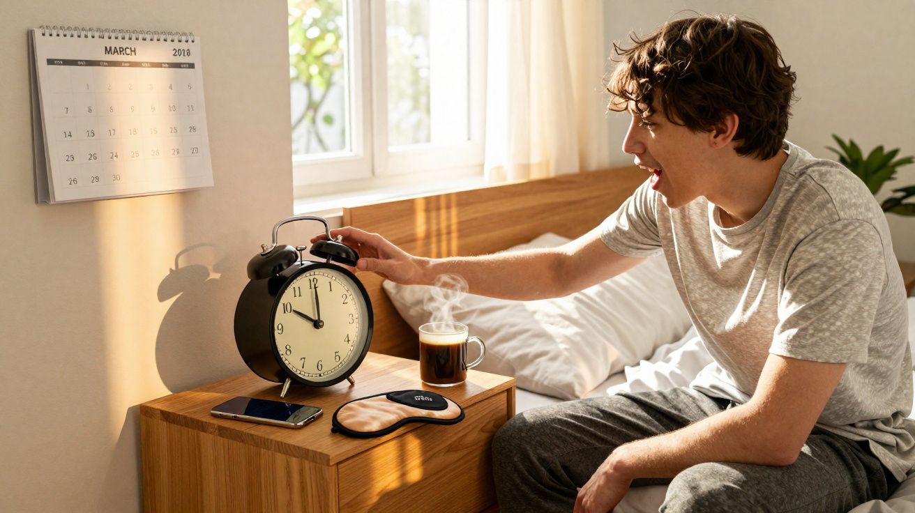 Jovem acordando e desligando um despertador em um quarto com janela e café na mesa.