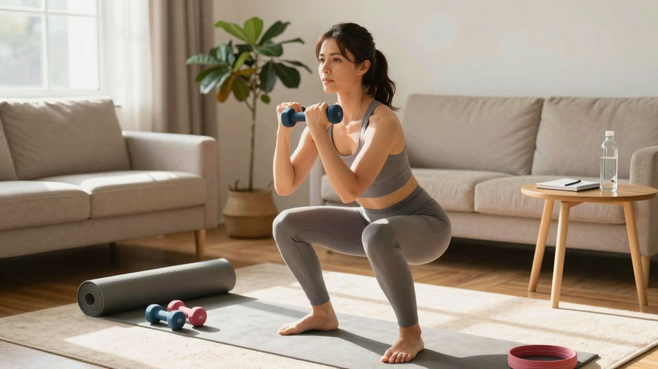 Mulher faz agachamento segurando halteres em sala de estar com tapete e móveis claros.