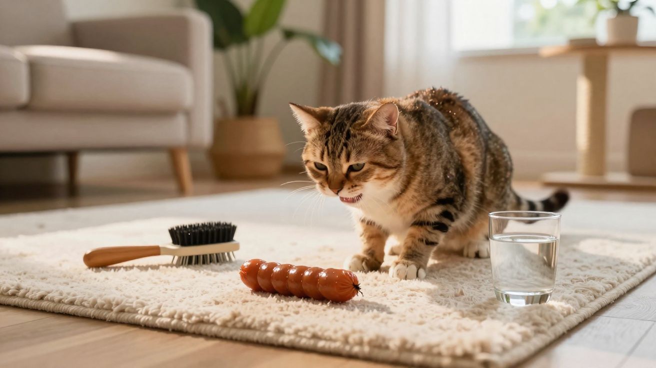 Gato marrom encarando salsicha em tapete com escova e copo d'água ao lado em sala iluminada.