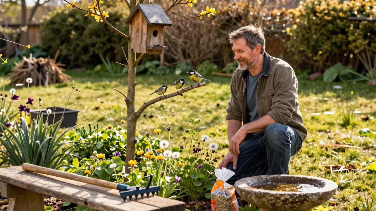 Homem agachado no jardim observando pássaros em galho próximo a comedouro e plantas floridas.