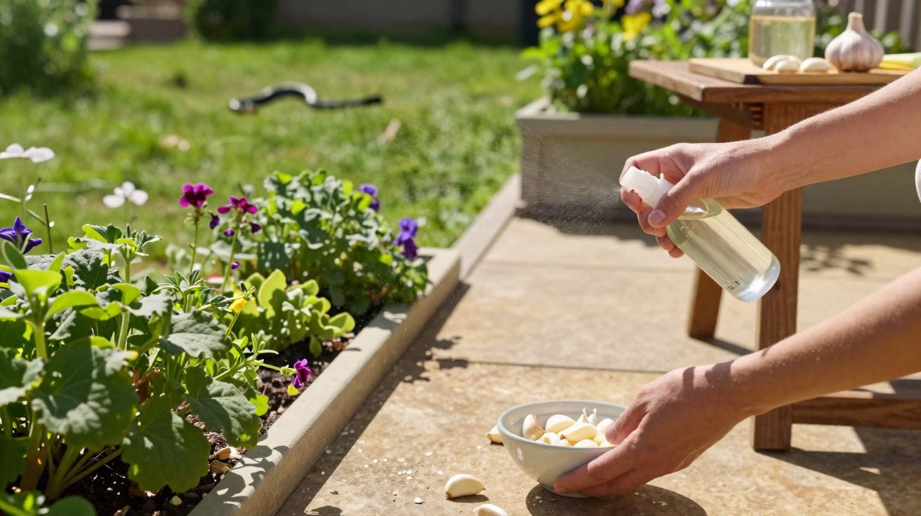 Pessoa borrifando líquido em dentes de alho em uma tigela ao lado de um canteiro de flores.