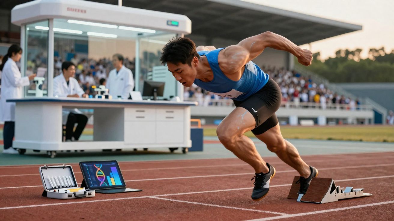 Atleta na linha de largada de uma pista de corrida, com equipamento de análise genética e tablet ao lado.