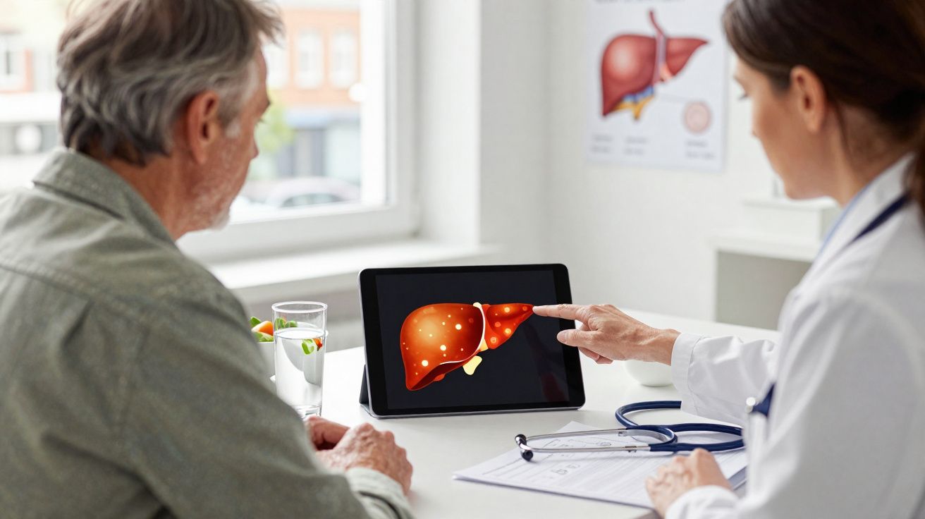 Médica explica imagem de fígado em tablet para paciente idoso durante consulta médica.