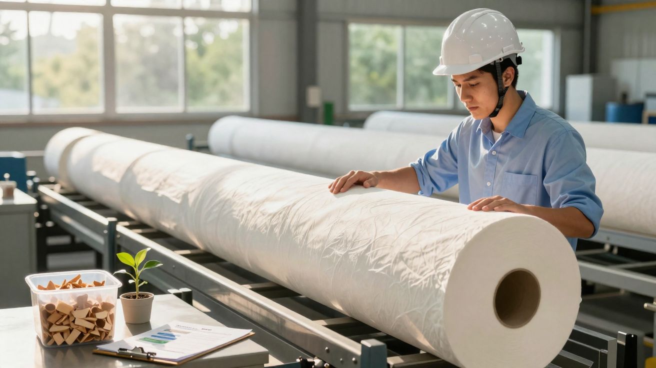 Homem com capacete inspecciona grande rolo de tecido em fábrica com luz natural.