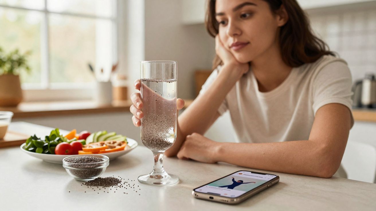 Mulher segurando copo com água sentada à mesa com celular e prato de vegetais fatiados à frente.