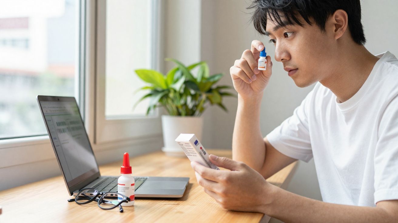 Homem olhando com atenção para frasco de medicamento sentado à mesa com laptop e óculos perto da janela.