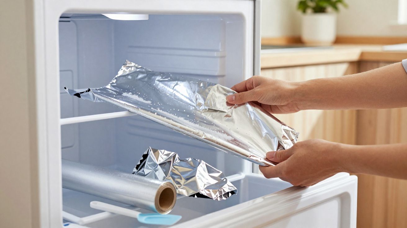 Mãos colocando papel alumínio em freezer branco com rolo e papel alumínio dentro, em cozinha com planta ao fundo.