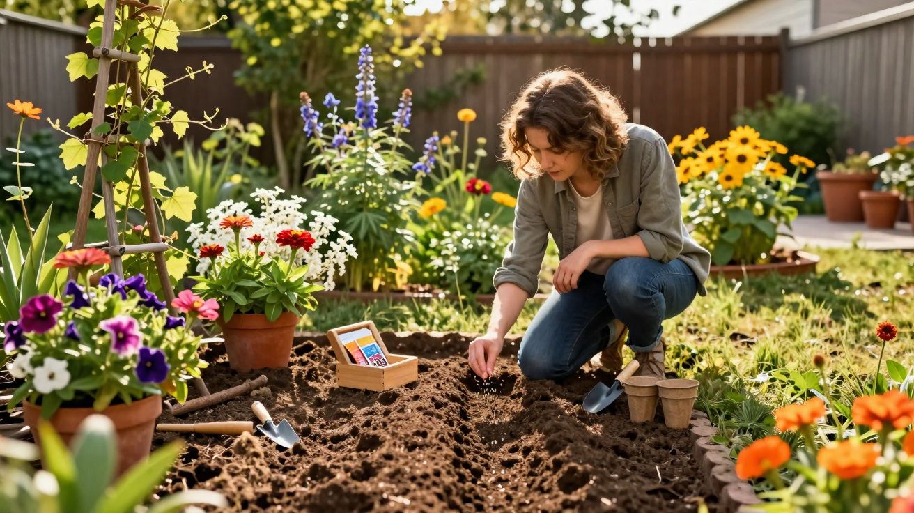 Mulher plantando sementes em canteiro de jardim rodeado por flores coloridas e ferramentas de jardinagem.