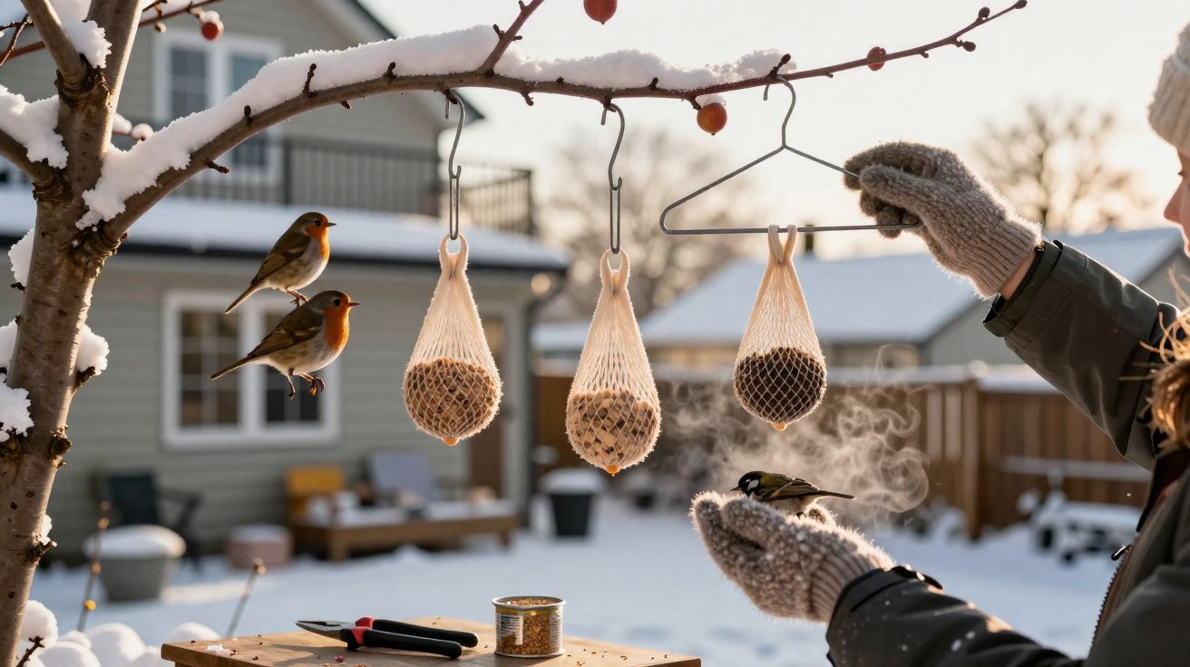 Pessoa com luvas alimenta pássaro na neve, com bebedouros suspensos e dois pássaros voando próximo a uma árvore.