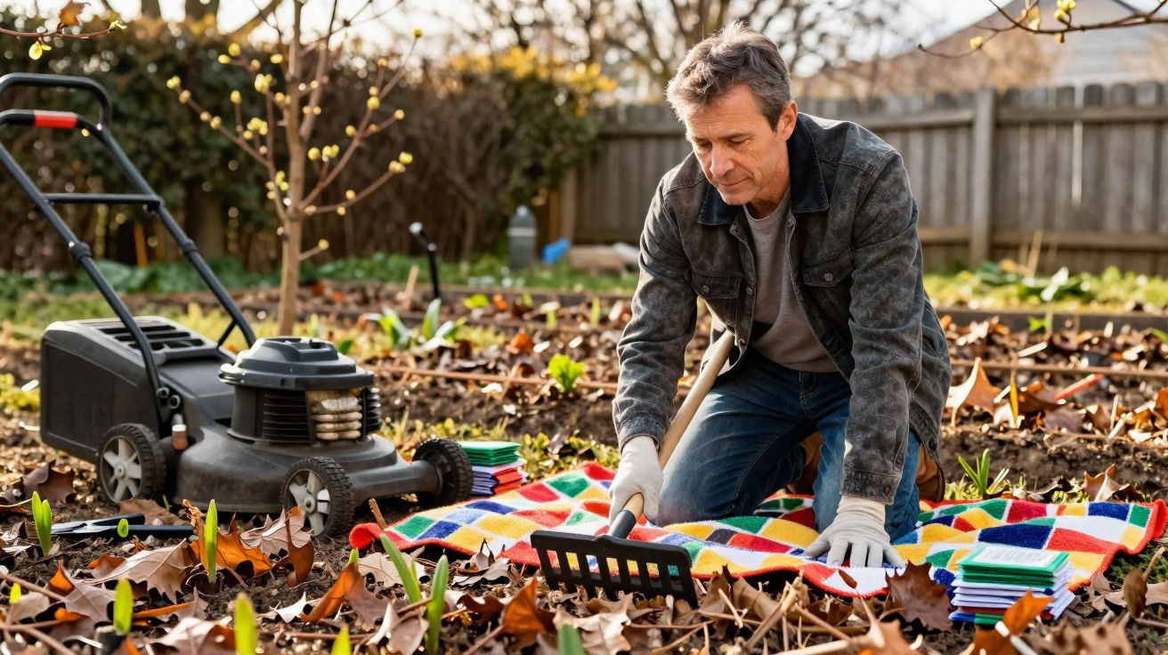 Homem ajoelhado no jardim, usando luvas e segurando ancinho, com cortador de grama ao lado.