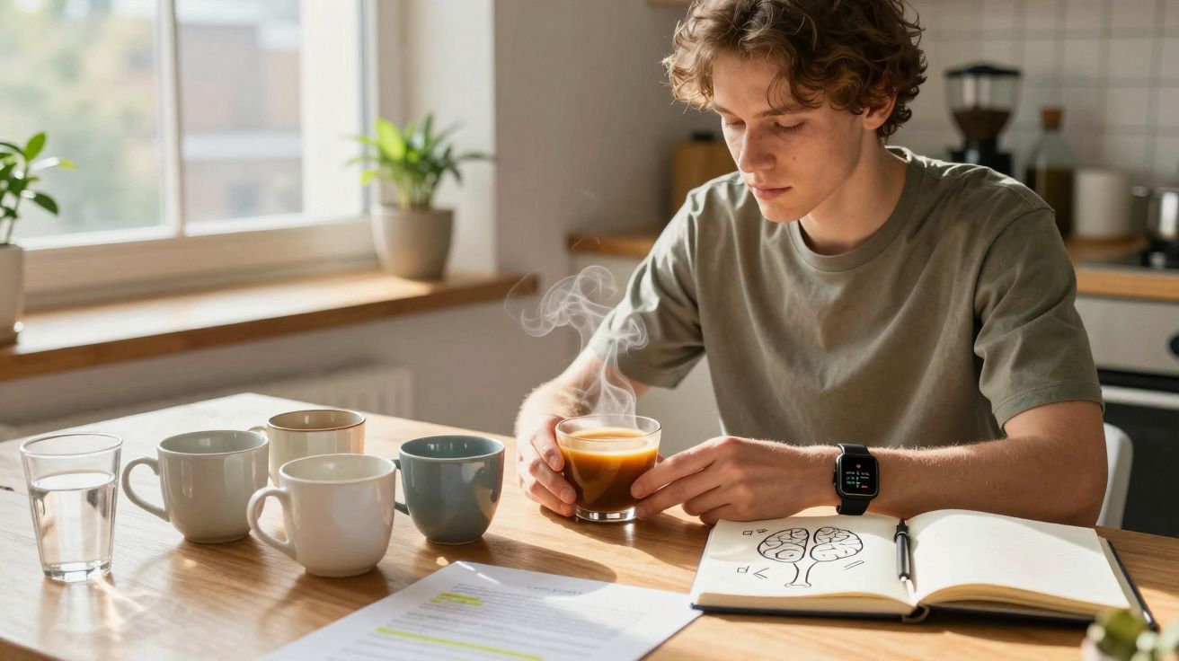 Jovem sentado à mesa com vários copos e canecas, segurando xícara de café quente e estudando desenho de cérebro.