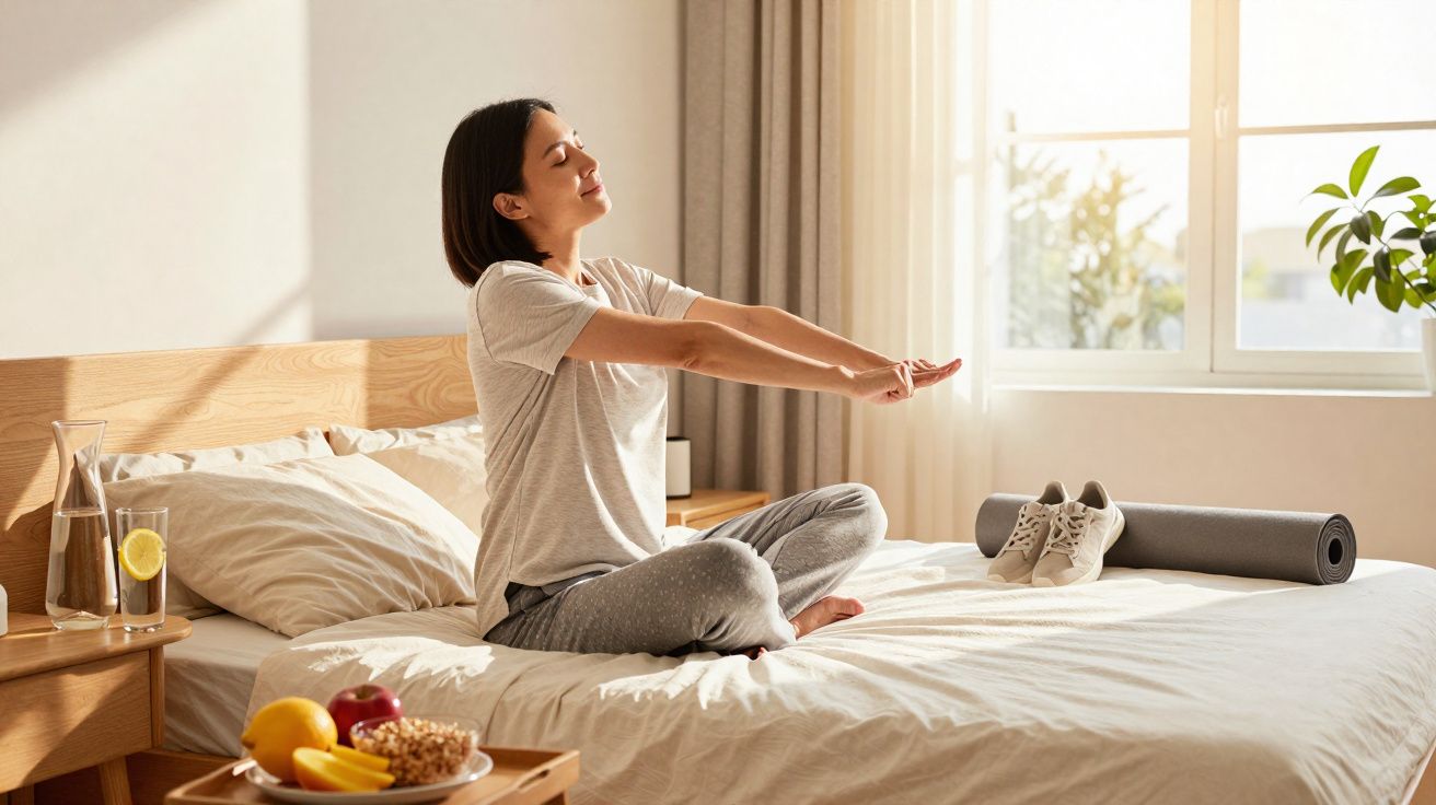 Mulher alongando os braços sentada na cama em um quarto iluminado pela manhã.