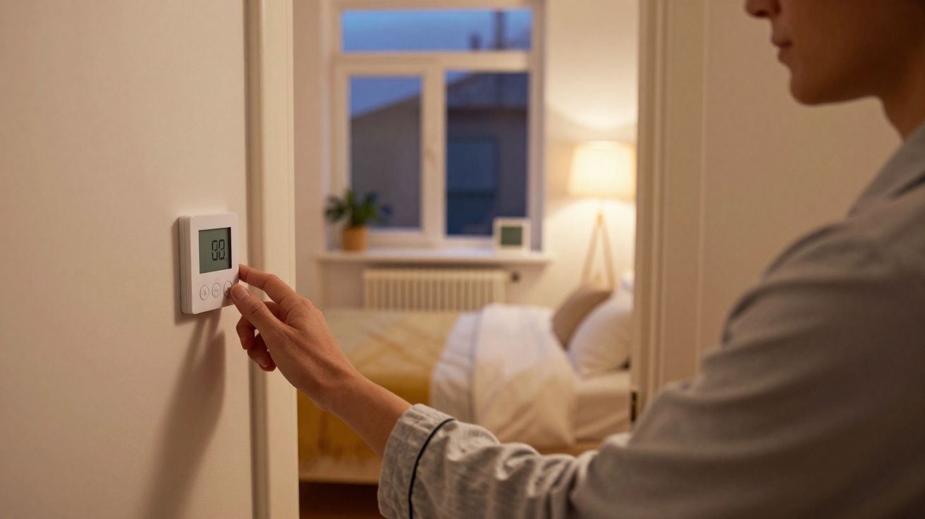 Pessoa ajustando termostato digital perto da porta de um quarto aconchegante à noite.