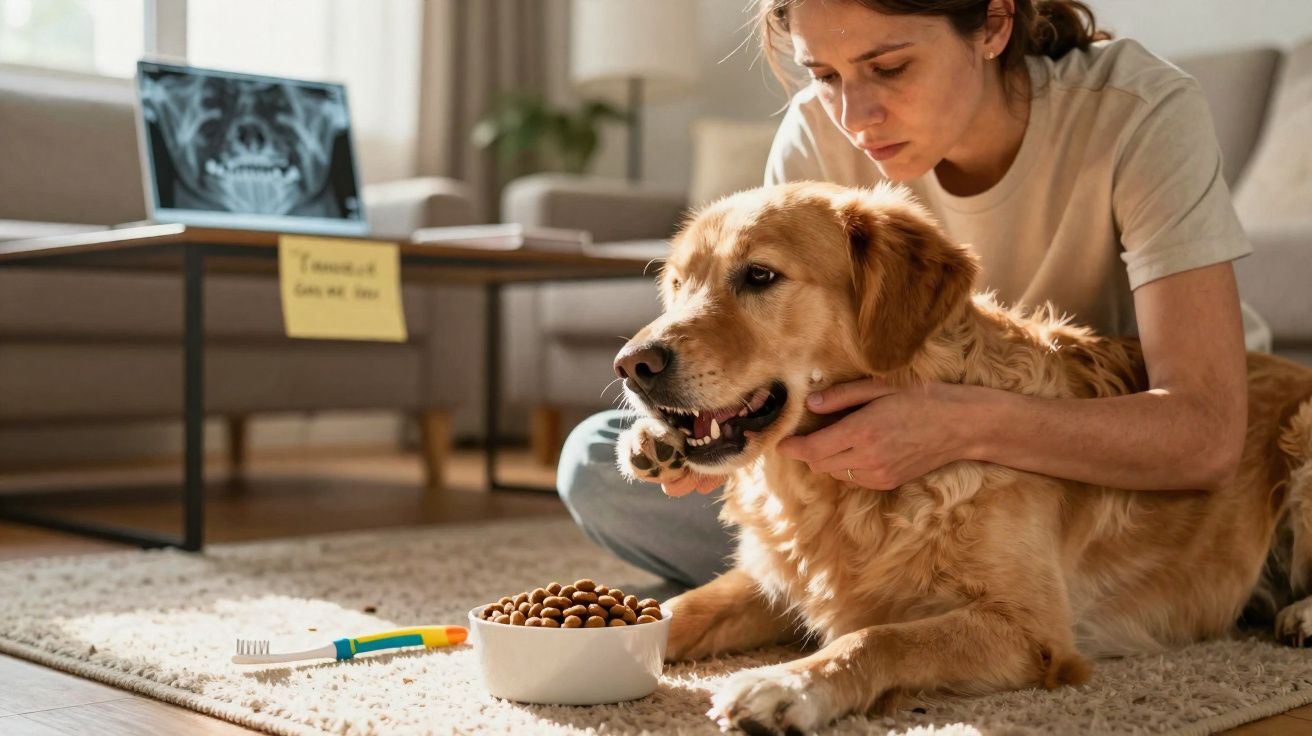 Mulher cuidando de cachorro dourado enquanto ele está deitado próximo à tigela de ração no tapete.