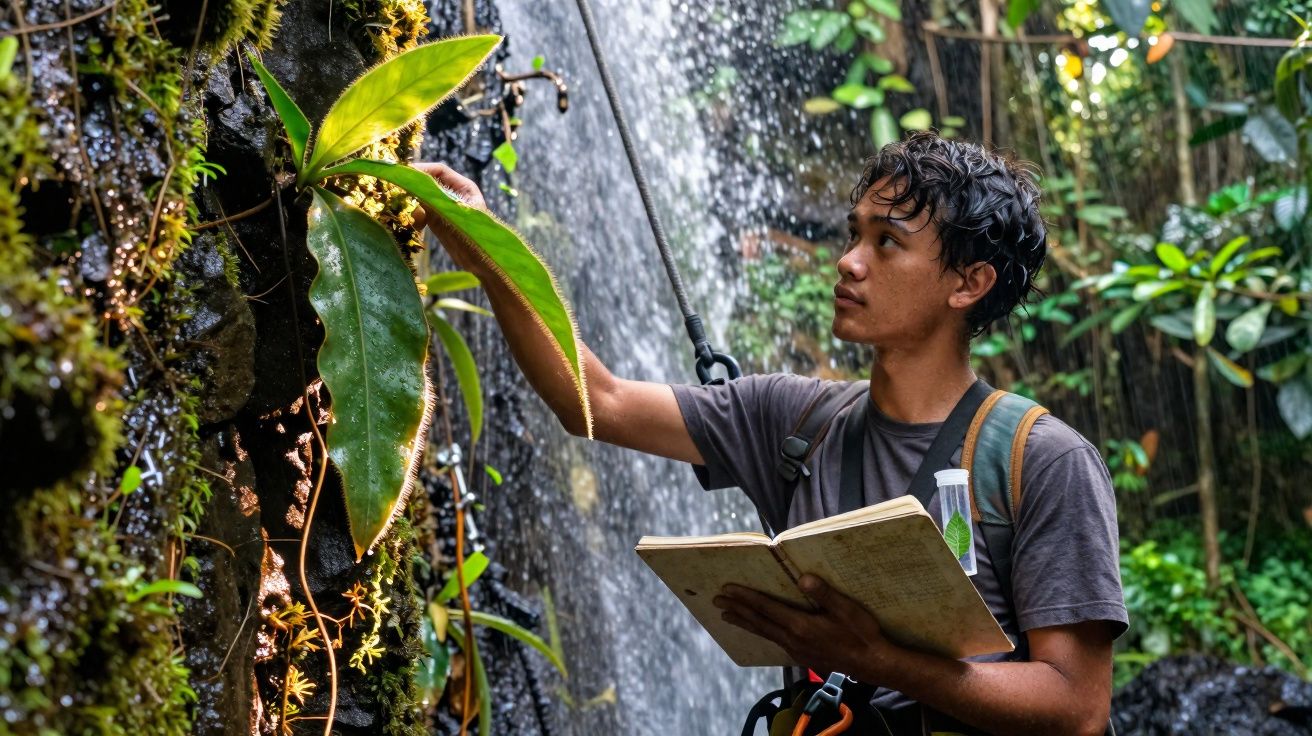 Jovem observa plantas perto de cachoeira enquanto segura caderno em ambiente de floresta.
