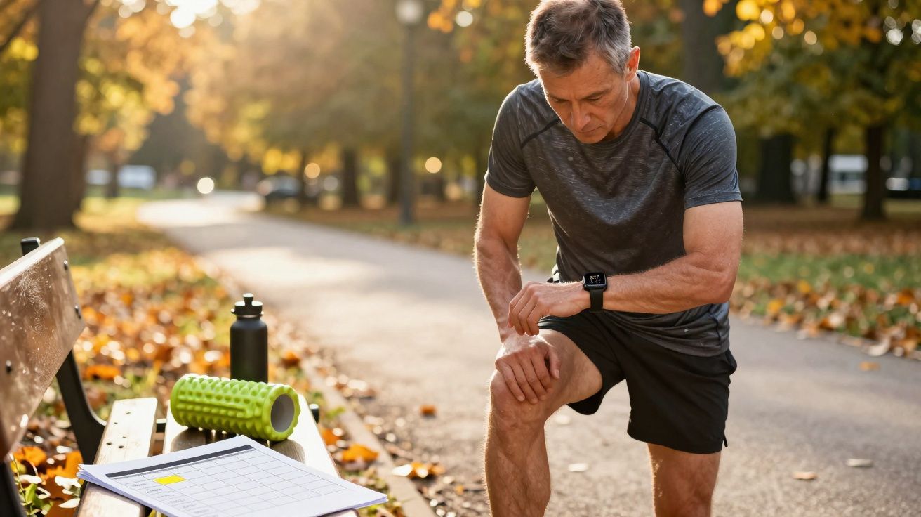 Homem em roupa esportiva verifica relógio inteligente durante treino em parque com folhas de outono.